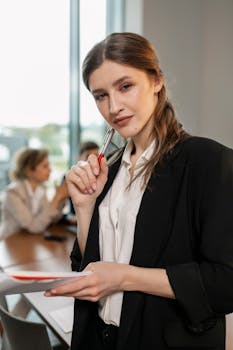 Professional woman in office attire holding documents, leading a meeting.