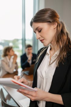 Businesswoman in a meeting taking notes on a notepad indoors.