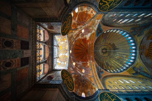 Yellow and Brown Ceiling of a Mosque