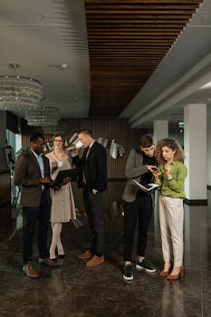 A group of colleagues discussing work in a modern office lobby, showcasing diversity and teamwork.