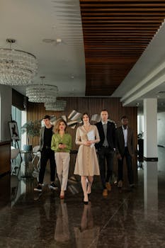 A diverse group of business professionals walking confidently in a stylish, modern office interior.