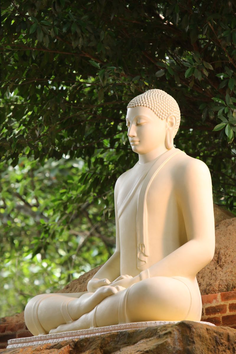 White Buddha statue resting in meditation beneath green leaves