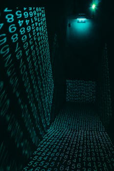 A dark hallway illuminated with neon digital number projections, creating a cyberpunk ambiance.