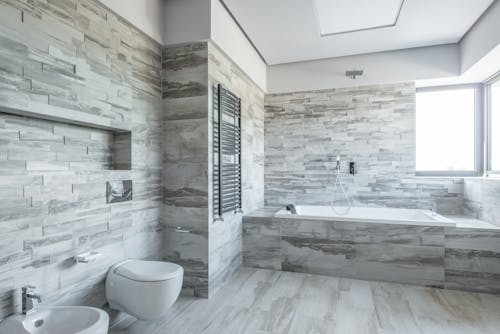 Gray and White Tiled Bathroom