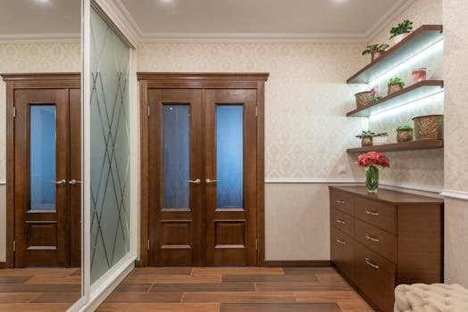 Elegant interior featuring wooden doors, floral decor, and modern shelving in a residential space.