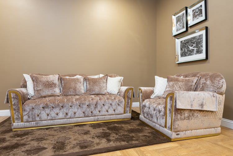 A Velvet Couches With Brown Carpet On A Wooden Floor