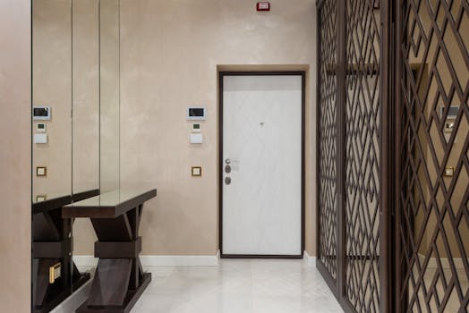 Elegant hallway interior featuring mirrors, modern door, and stylish furniture in neutral tones.