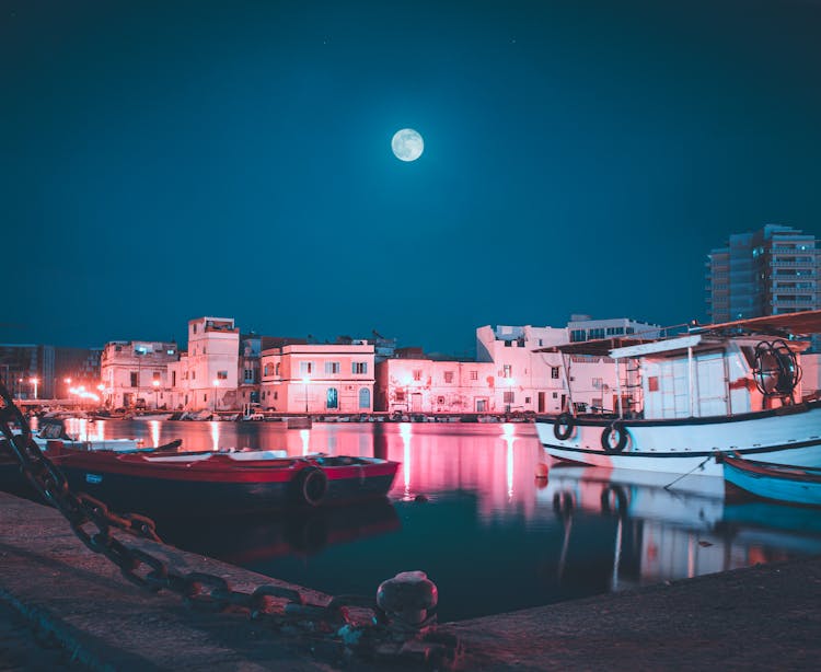 Boats In Port At Night