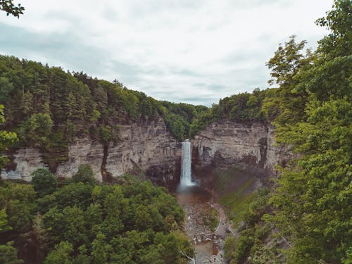 An Aerial Photography of Green Trees on a Rock Formation with Waterfalls