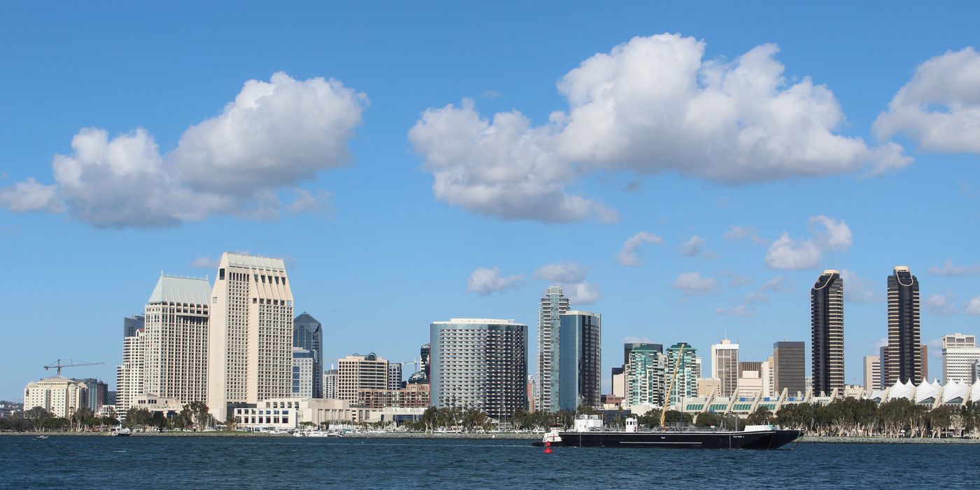 San Diego skyline and waterfront with high rise hotels on a clear day