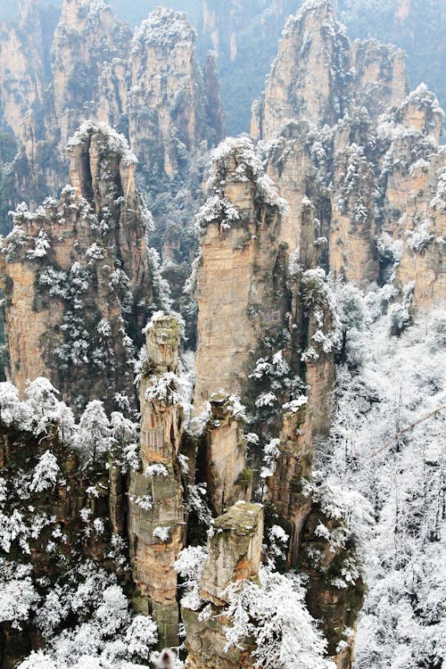 Free Aerial View of Wulingyuan in the Winter Season Stock Photo