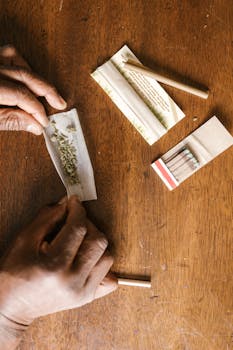 Hands carefully rolling a cannabis joint on a wooden surface with rolling papers and crutch.