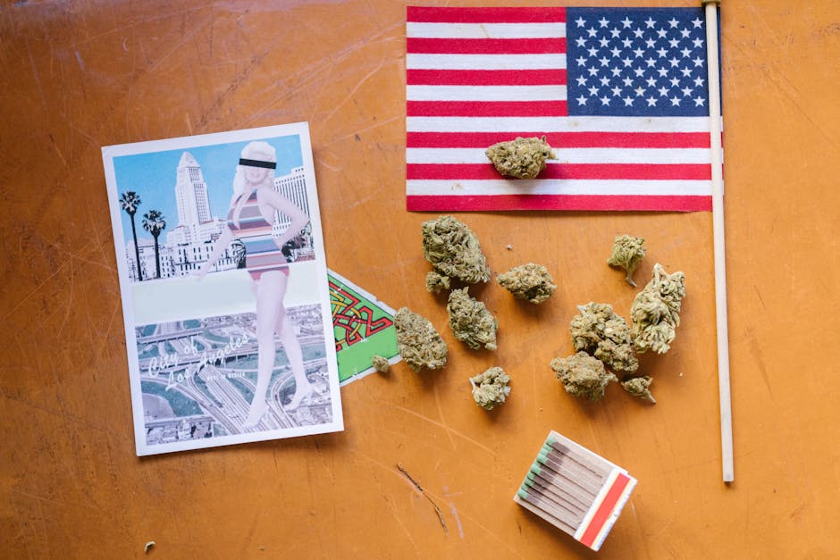 A collage of American culture with cannabis buds, matchsticks, and Los Angeles imagery on a wooden surface.