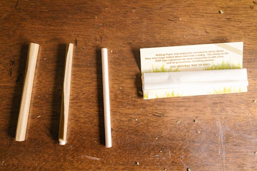 Close-up of rolling papers on a wooden table, ideal for cannabis use.