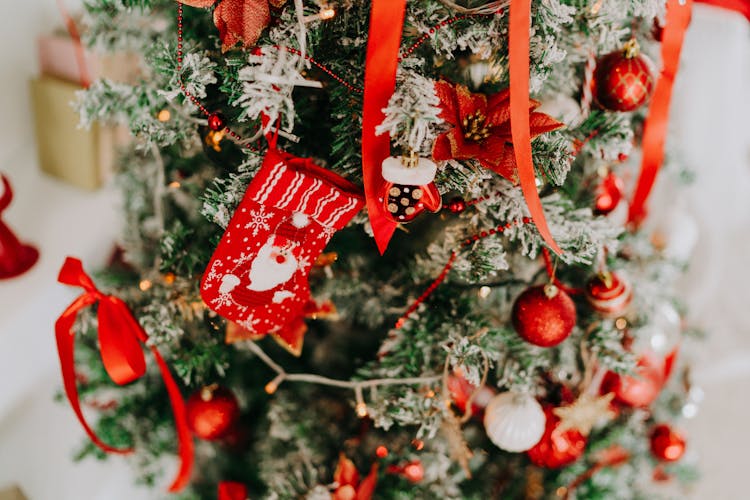 Red Christmas Ornaments Hanging On Christmas Tree