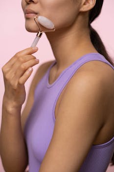 Close-up of a woman using a jade roller for facial skin care against a pink background.