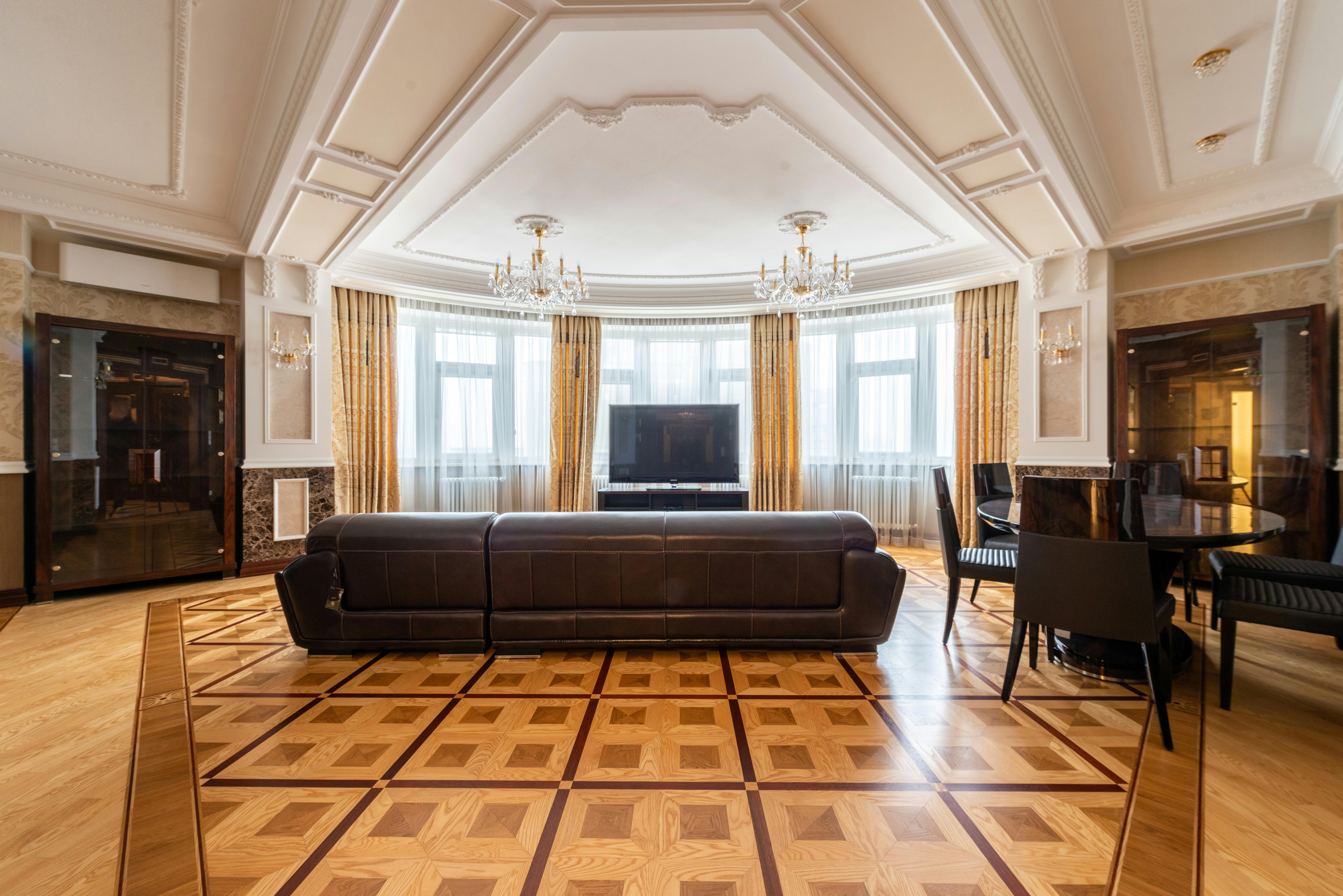 black leather couch in the living room