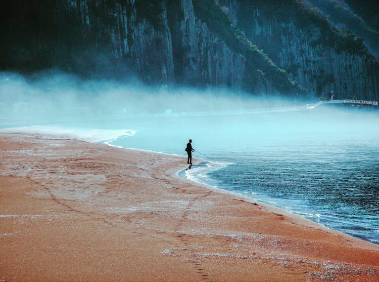 Person Fishing On Beach Shore