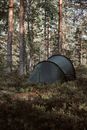 A Black Tent Set Up in the Woods