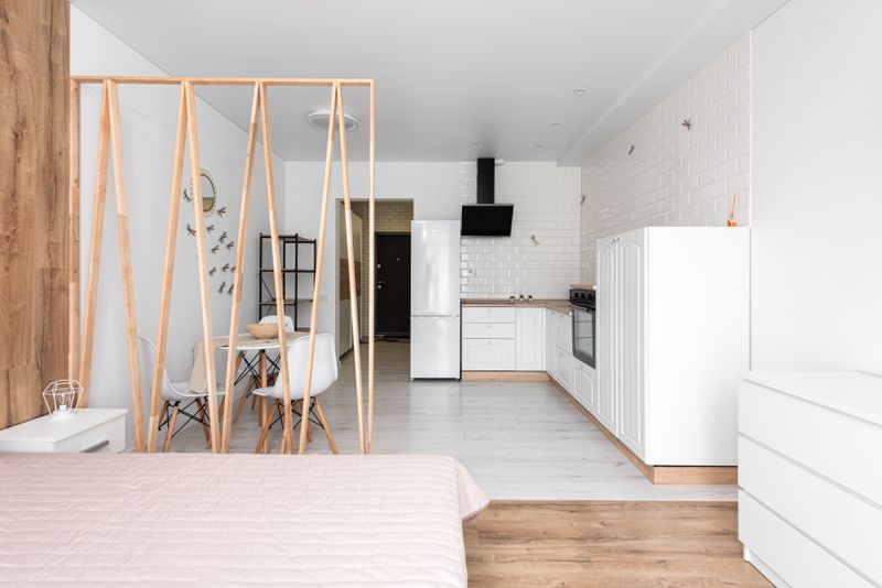Bright modern studio apartment with open kitchen and tidy living area