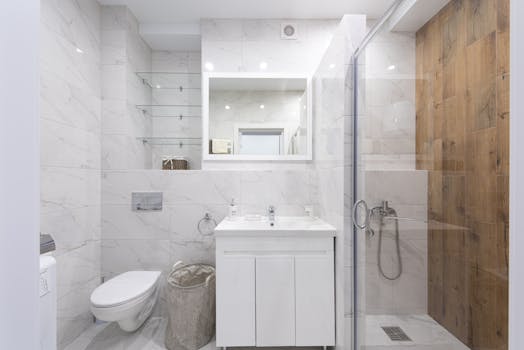 Spacious minimalist bathroom with marble tiles and glass shower enclosure.