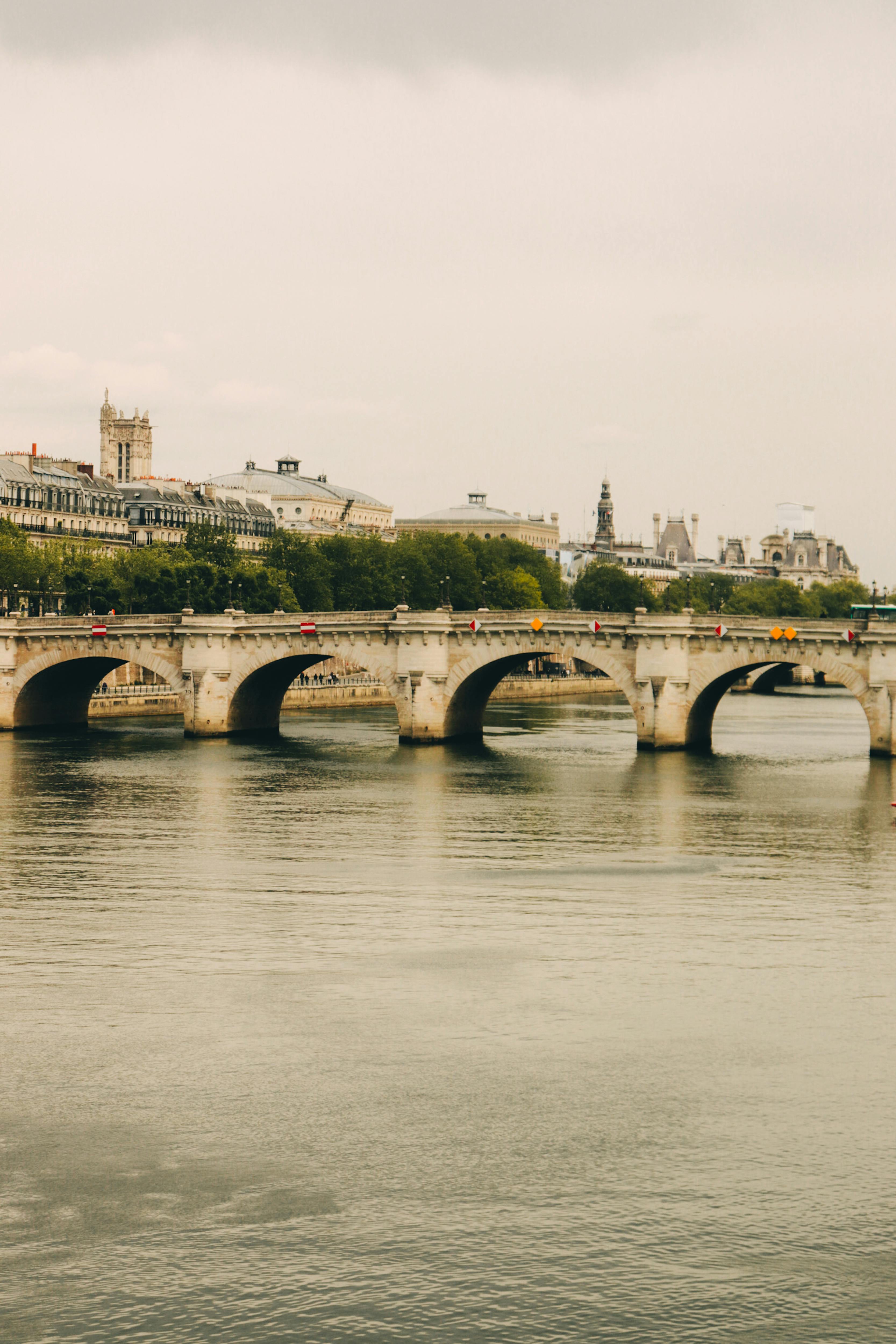 Elegant stone bridge over calm river in Paris with historic architecture.