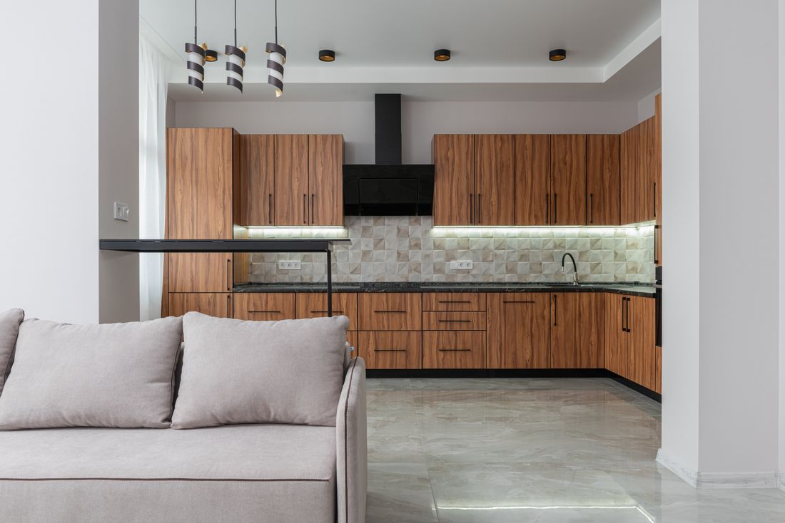 Modern kitchen with warm wood cabinets