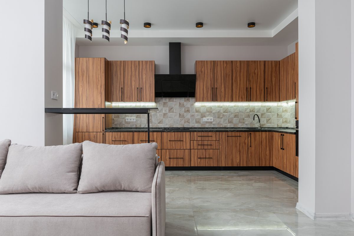 Spacious modern kitchen with wooden cabinets
