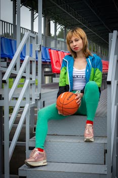 Stylish woman sitting on stadium steps with a basketball, showcasing urban sports vibes.