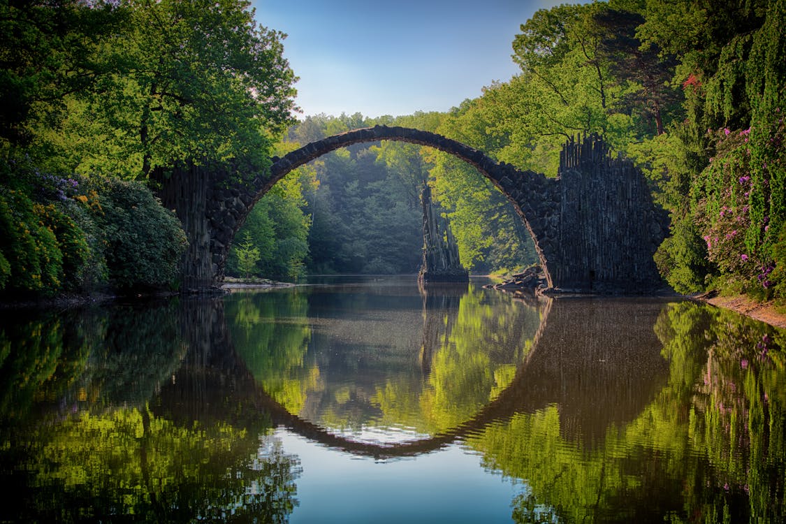 reflection of a bridge on water