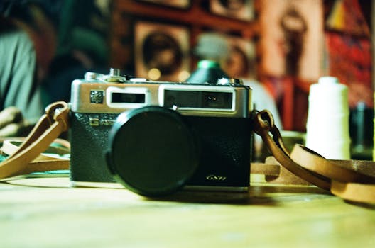 Close-up of a vintage analog camera with leather strap, set on a table indoors.