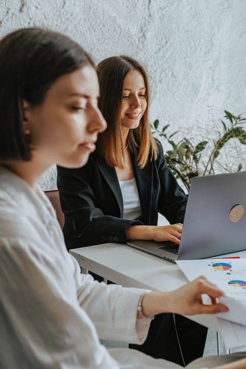Free Two women working together on a laptop in an office environment. Stock Photo