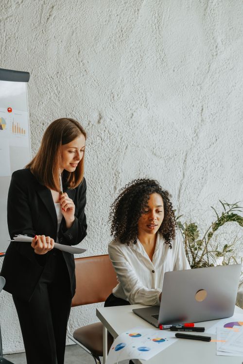 Free Two businesswomen sharing ideas on a project, working together on a laptop in a modern office setting. Stock Photo