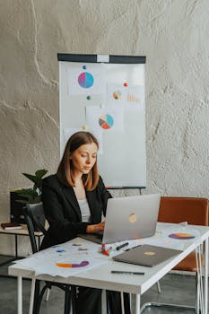 Professional woman in blazer analyzing charts and graphs on laptop in modern office setting.