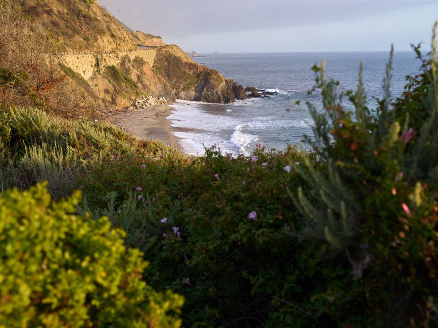 Beautiful coastal landscape featuring waves, cliffs, and lush greenery.