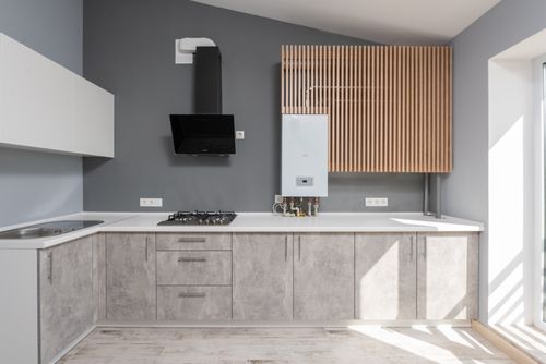 Free Bright modern kitchen interior design with appliances and cabinetry. Stock Photo
