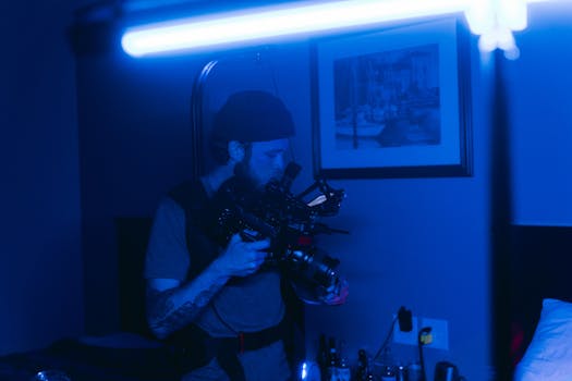 A filmmaker works with a camera rig under moody blue lighting indoors.