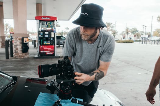 Cinematographer using a camera setup at a gas station for a filming scene outdoors.