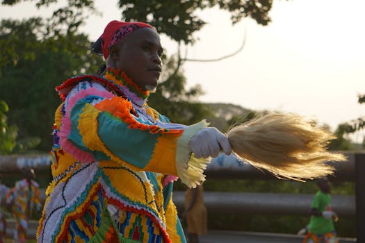 Vibrant traditional costume at Takoradi's Ankos Festival in Ghana.