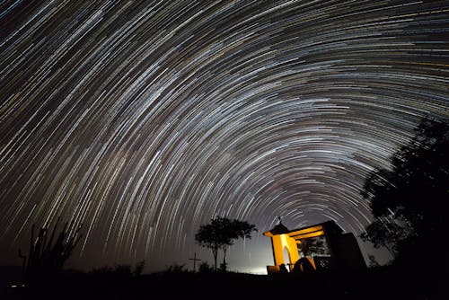 Illuminated Chapel against a Starry Night Sky 