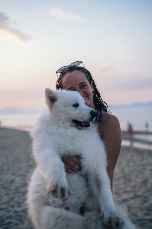Free A Woman Carrying Her Dog on the Beach Stock Photo