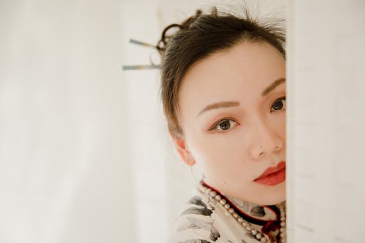 Close-up portrait of an Asian woman wearing a cheongsam and pearl necklace, posing indoors.