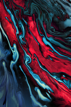 Dynamic abstract acrylic artwork with vibrant red and blue swirling patterns, showcasing creative expression.