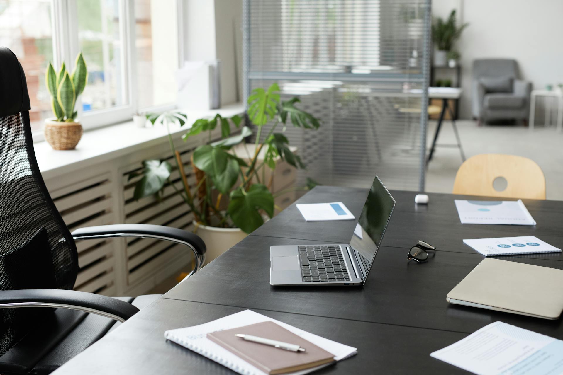 A minimalistic office desk setup with a laptop and plants, exuding a modern professional ambiance.