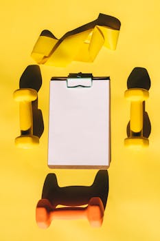 Colorful workout equipment and blank clipboard on a vibrant background.