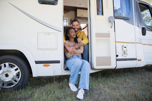 Smiling interracial couple sitting in a campervan enjoying their vacation in Portugal.