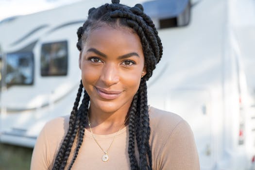 A beautiful woman with braided hair smiling outside near a camper van. Captured in natural light.