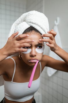 Young woman with under-eye masks and towel on her head evaluating her skin in the bathroom.