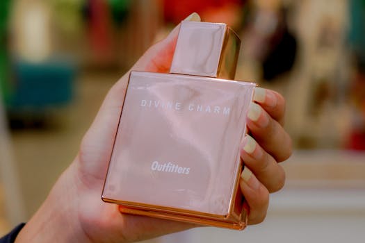 Elegant close-up shot of a perfume bottle held in hand with blurred background.