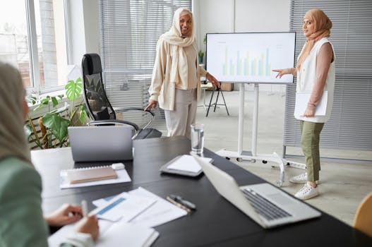 Muslim women in hijabs collaborate during a professional business meeting indoors with modern technology.